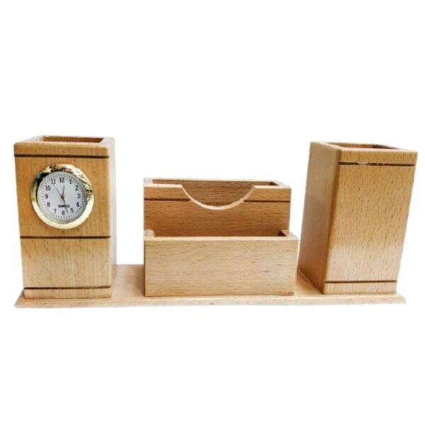 Wooden Pen Stand With Clock